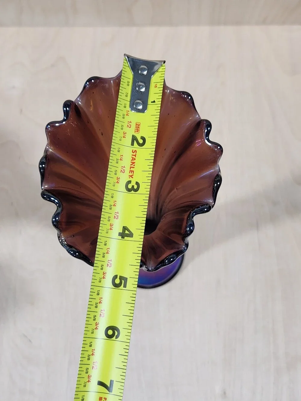 Vintage Iridescent Amethyst Purple Glass Ruffled Rim Trumpet Vase 12 Inch VTG